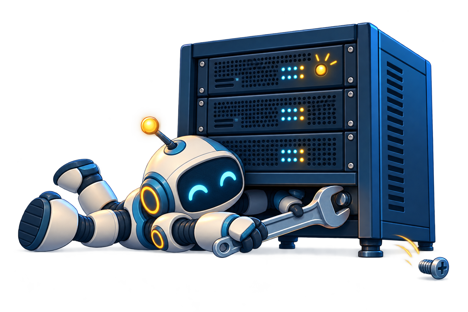 A cheerful robot repairing a server with an oversized wrench